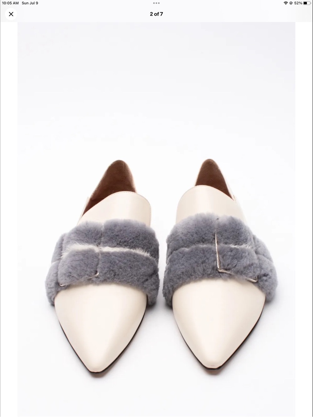 Bally Cream Pointed-Toe Flats with Gray Faux Fur Strap